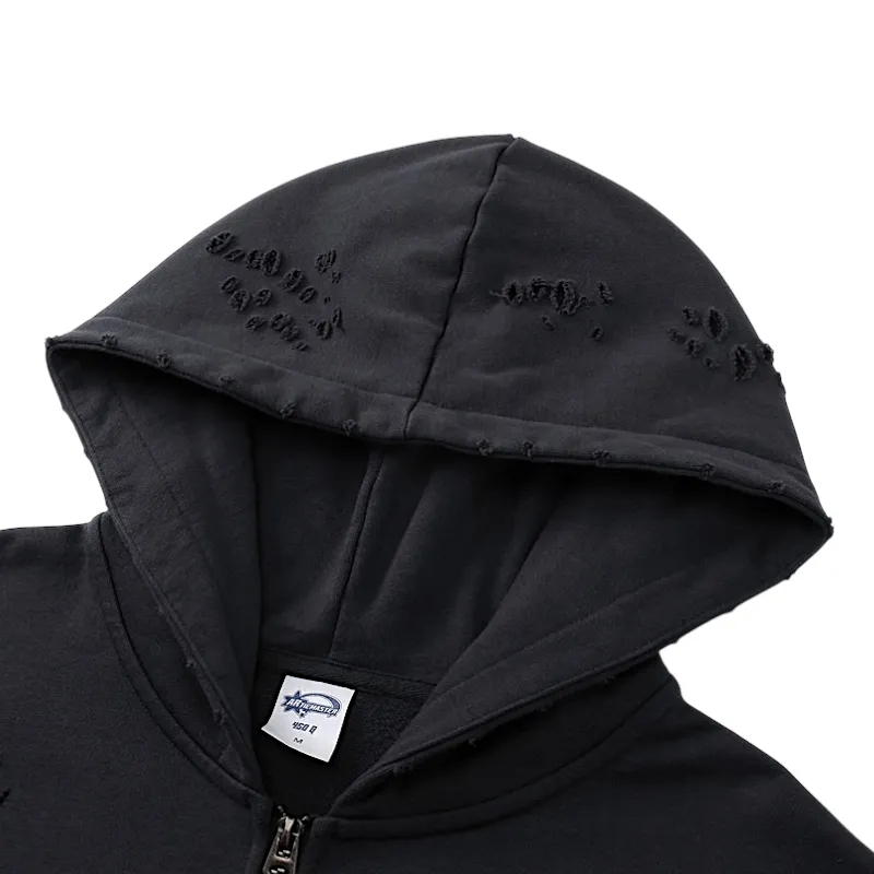 Two way zip distressed hoodie