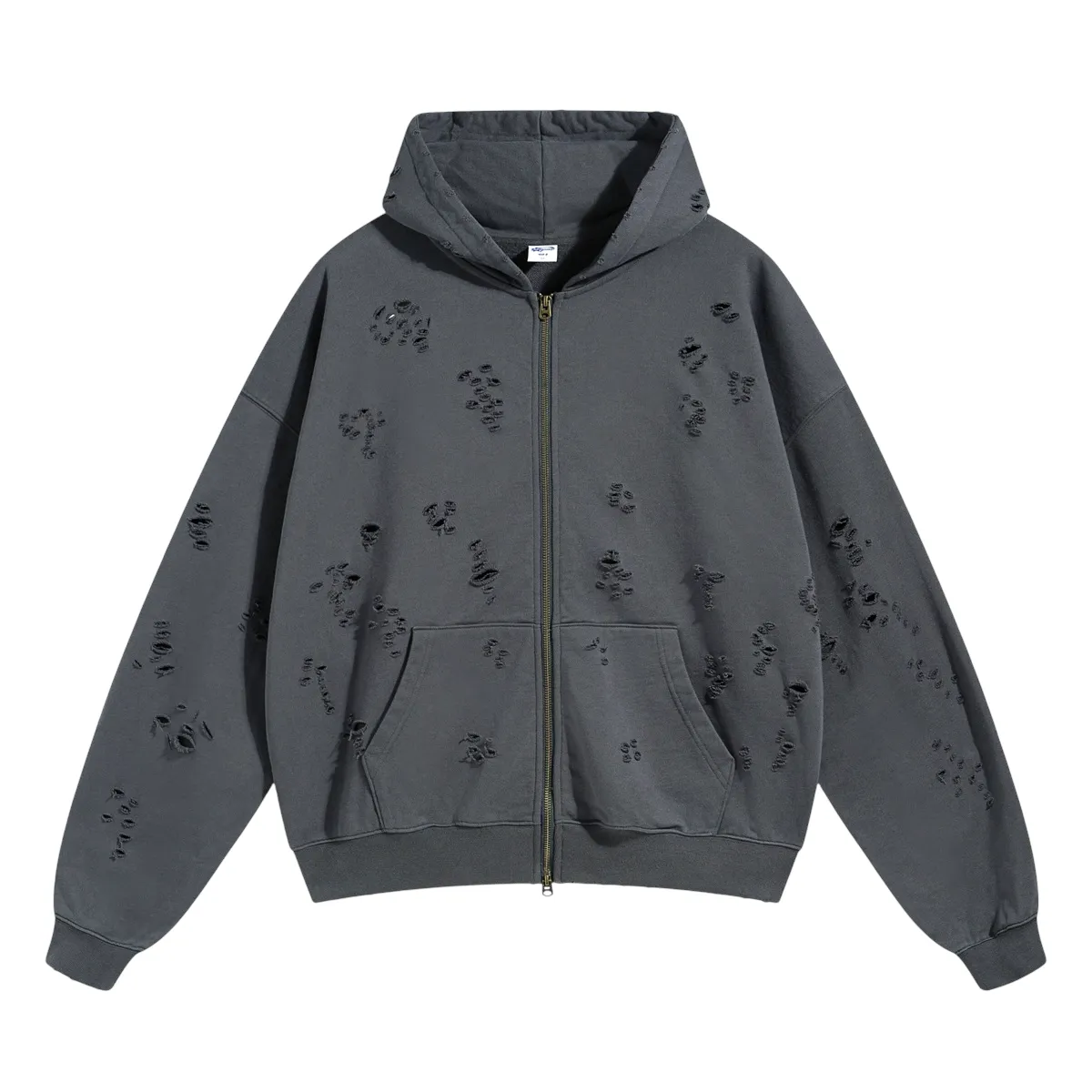 Two way zip distressed hoodie