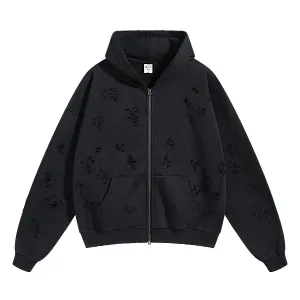 Two way zip distressed hoodie