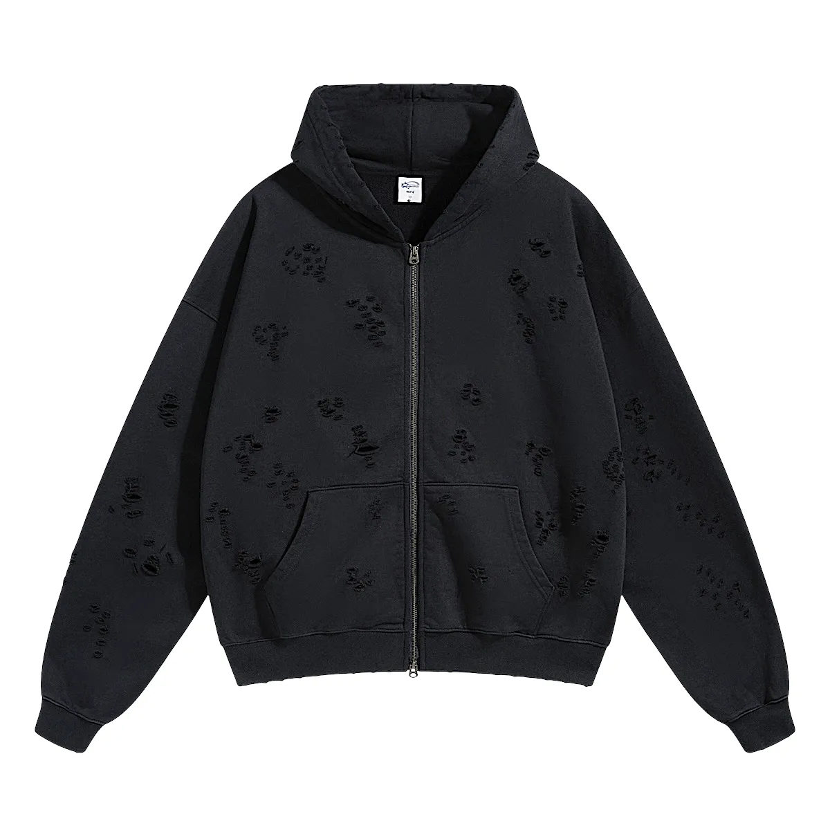 Two way zip distressed hoodie