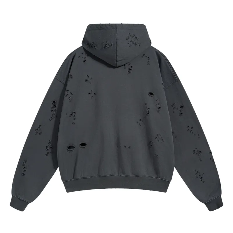 Two way zip distressed hoodie