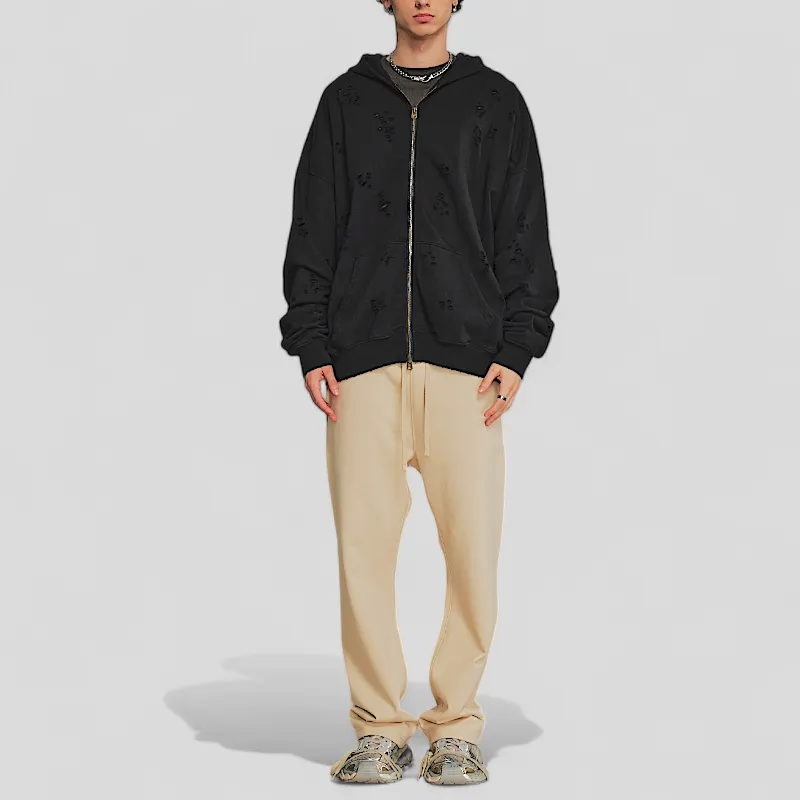 Two way zip distressed hoodie