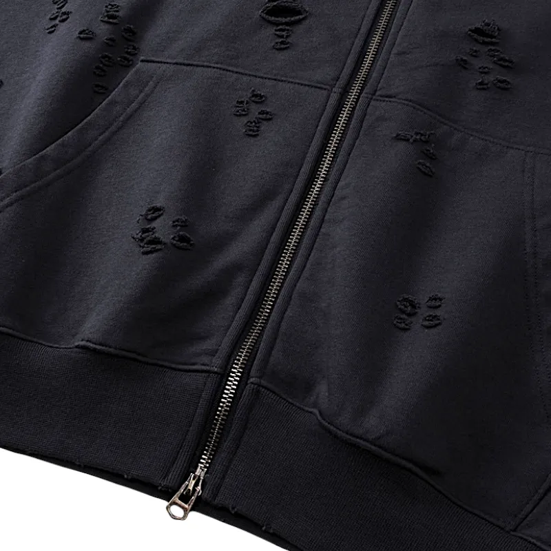 Two way zip distressed hoodie