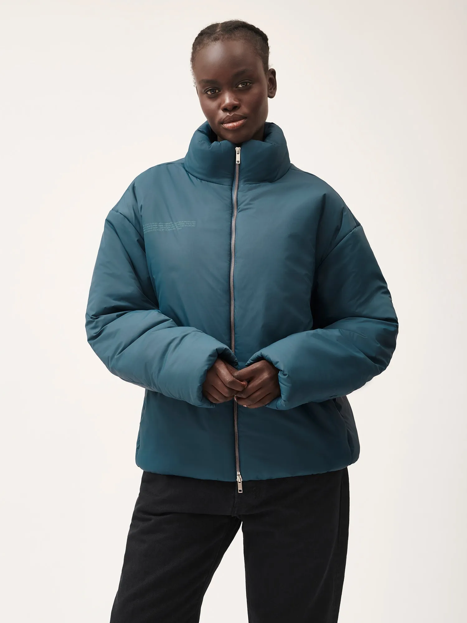 Womens Flower-Warmth Puffer Jacket—Storm Blue